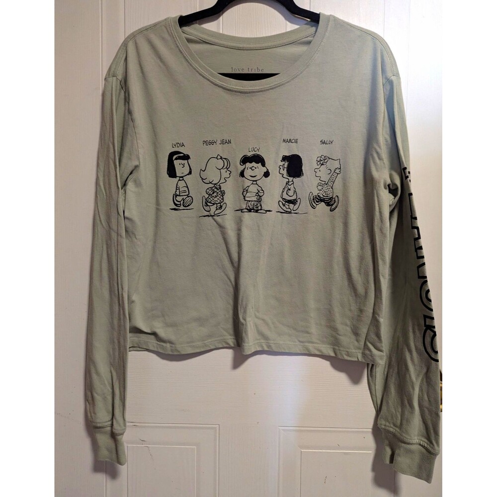 Love Tribe Women's XL Peanuts Graphic Crew Neck Long Sleeve Cropped Tee Green